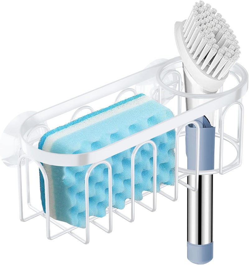 Yazoni 2-in-1 Sponge Holder for Kitchen Sink, Suction Cup Sponge Rack Kitchen Caddy, No Drill Rustproof Sink Organizer Holder for Place Dishwashing Brush Soap (White) - Image 1